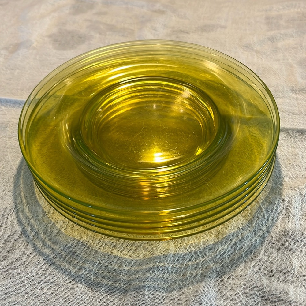 Vintage Fostoria Style Topaz Canary Yellow Uranium Glass Salad Plates Set of 5